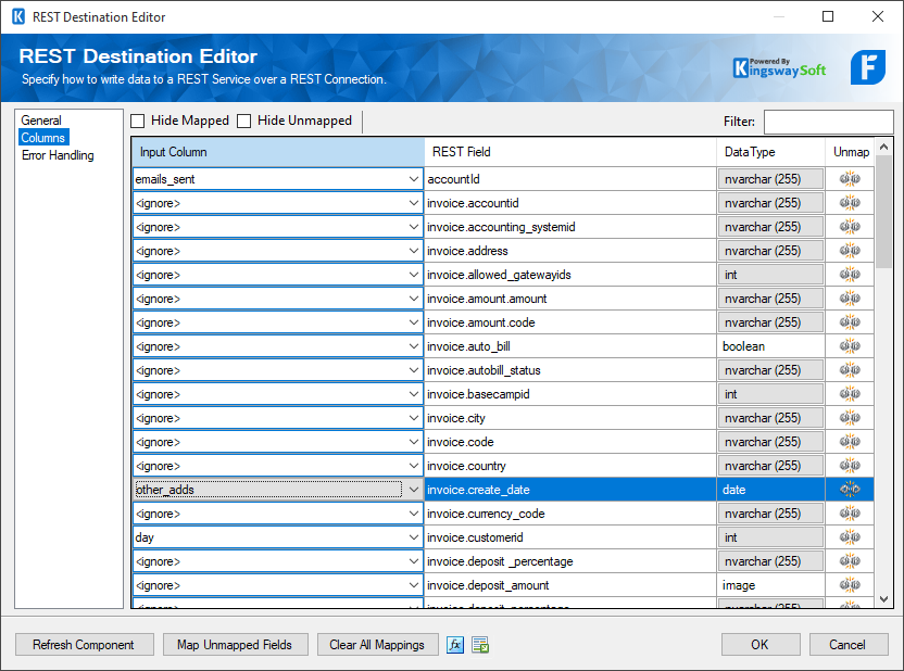 SSIS REST FreshBooks Destination - Columns